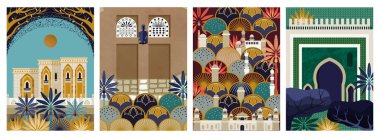 Arap şehirleri mimarisi olan posterler. İslami bayram Ramazan 'ı için camili ve doğu binalı tebrik kartları. Bayram mübareği. Çizgi film düz vektör çizimi beyaz arkaplanda izole edildi