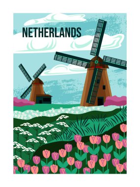 Seyahat Varış Yeri Posteri. Çiçekli tarlaları ve değirmenleriyle Hollanda 'nın güzel doğal manzarası. Turizm ve yaz tatili. Çizgi film düz vektör çizimi beyaz arkaplanda izole edildi