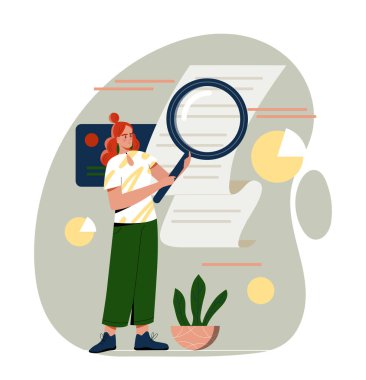 Muhasebeci kadın konsepti. Uzun gagalı ya da listeli büyüteçle büyüteç taşıyan genç kız. Finansal okuryazarlık ve pasif gelir. Çizgi film düz vektör çizimi beyaz arkaplanda izole edildi