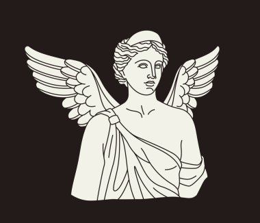 Antik heykel doğrusal konsepti. Eski tarz yaratıcılık ve sanat. Yunanistan ya da Roma 'dan mermer baskını. Kanatlı kadın, tanrıçalar. Kahverengi arkaplanda izole edilmiş düz vektör çizimi