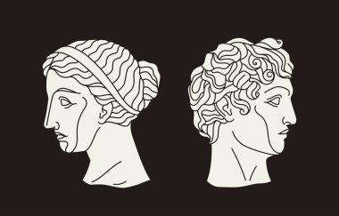 Antik heykel doğrusal konsepti. Eski tarz yaratıcılık ve sanat. Yunanistan ya da Roma 'dan mermer baskını. Kadın ve erkek başları. Kahverengi arkaplanda izole edilmiş düz vektör çizimi