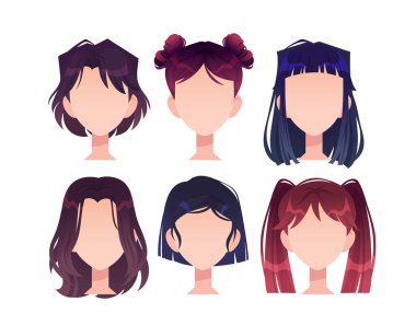 Asyalı müteahhit kız yüzleri. Farklı saç kesimleri olan kadınlar. Karakter yaratma süreci. Sosyal ağlar için kullanıcıların görünürleri. Çizgi film düz vektör koleksiyonu beyaz arkaplanda izole edildi