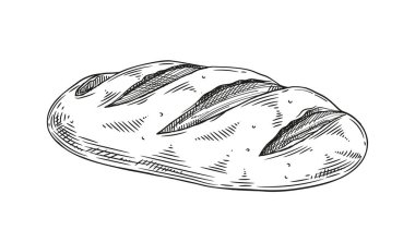 Fırın ürünleri skeci. Ev yapımı hamur işi. Ekmek ve ekmek. Minimalist yaratıcılık ve sanat. Fırın ve sokak kahvesi çeşitleri. Beyaz arkaplanda karalama düz vektör çizimi izole