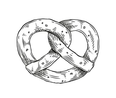 Fırın ürünleri skeci. Ev yapımı hamur işi. Geleneksel simit. Şablon ve düzen. Fırın ve sokak kahvesi çeşitleri. Beyaz arkaplanda karalama düz vektör çizimi izole