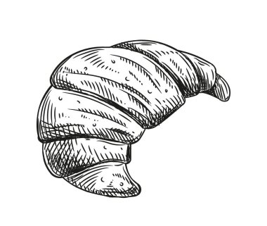 Fırın ürünleri skeci. Ev yapımı hamur işi. Geleneksel kruvasan. Sosyal ağlar için etiket. Fırın ve sokak kahvesi çeşitleri. Beyaz arkaplanda karalama düz vektör çizimi izole