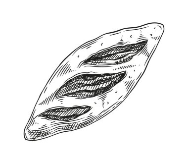 Fırın ürünleri skeci. Ev yapımı hamur işi. Geleneksel çörek. Sosyal medya ve kuryeler için etiket. Fırın ve sokak kahvesi çeşitleri. Beyaz arkaplanda karalama düz vektör çizimi izole