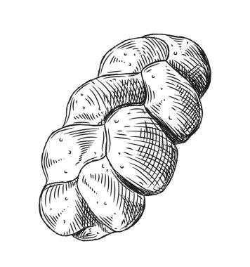 Fırın ürünleri skeci. Ev yapımı hamur işi. Çörek ve ekmek. Web sitesi için grafik ögesi. Fırın ve sokak kahvesi çeşitleri. Beyaz arkaplanda karalama düz vektör çizimi izole