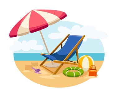 Şemsiyeli plaj sandalyesi. Tropikal ve egzotik ülkeden kıyı şeridi manzarası. Web sitesi için grafik ögesi. Tatil ve tatil. Çizgi film düz vektör çizimi beyaz arkaplanda izole edildi