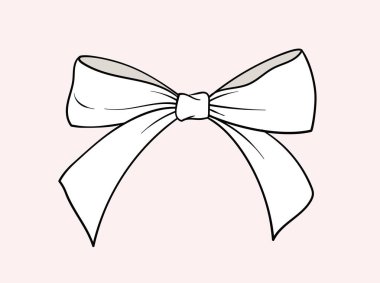 Doğrusal beyaz yay konsepti. Hediye kutuları ve kıyafetler için dekorasyon. Minimalist yaratıcılık ve sanat. Bayramların ve festivallerin sembolü. Pembe arkaplanda izole edilmiş düz vektör çizimi