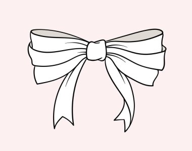 Doğrusal beyaz yay konsepti. Hediye kutuları ve kıyafetler için dekorasyon. Yeni yıl ve Noel. Sosyal ağlar için etiket. Pembe arkaplanda izole edilmiş düz vektör çizimi