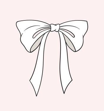 Doğrusal beyaz yay konsepti. Hediye, hediye kutuları ve giysiler. Sosyal ağlar ve kuryeler için etiket. Pembe arkaplanda izole edilmiş düz vektör çizimi