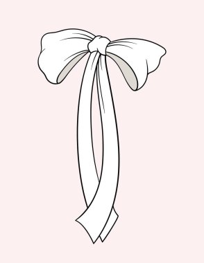 Doğrusal beyaz yay konsepti. Hediye, hediye kutuları ve giysiler. Minimalist yaratıcılık ve sanat. Poster, afiş ya da kapak. Pembe arkaplanda izole edilmiş düz vektör çizimi