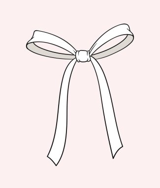 Doğrusal beyaz yay konsepti. Hediye, hediye kutuları ve giysiler. Minimalist yaratıcılık ve sanat. Moda ve tarz. Pembe arkaplanda izole edilmiş düz vektör çizimi