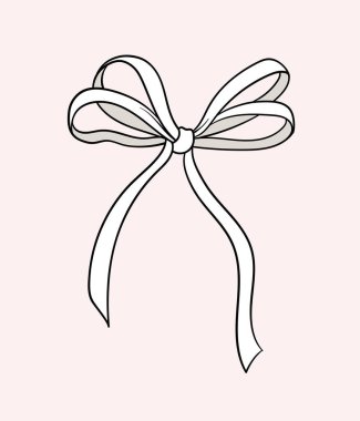 Doğrusal beyaz yay konsepti. Hediye, hediye kutuları ve giysiler. Zarafet ve estetik. Moda ve tarz. Pembe arkaplanda izole edilmiş düz vektör çizimi