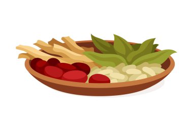 Çin doğal tıp konsepti. Asya sağlık hizmetleri ve tedavisi. Otlar ve bitkilerle dolu kaseler. Web sitesi için grafik ögesi. Çizgi film düz vektör çizimi beyaz arkaplanda izole edildi