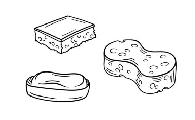 Temizlik aracı doğrusal. Bir paket sabunlu sünger. Temizlik ve hijyen. Sosyal ağlar ve kuryeler için etiket. Beyaz arkaplanda izole edilmiş düz vektör çizimi