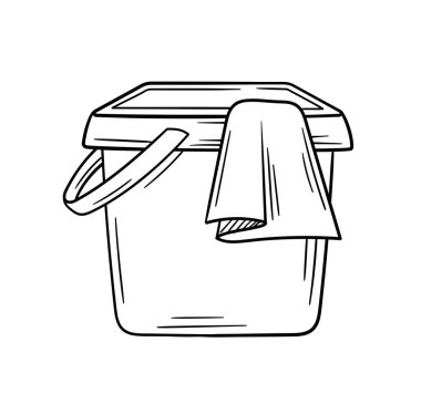 Temizlik aracı doğrusal. Eve kumaşla dolu bir kova. Temizlik ve hijyen. Ev işleri ve rutin işler. Web sitesi için grafik ögesi. Beyaz arkaplanda izole edilmiş düz vektör çizimi