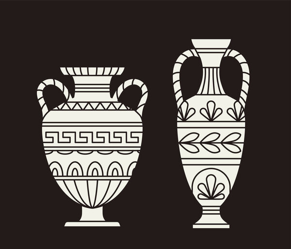 Ancient sculpture linear concept. Old style creativity and art. Marble bust from Greece or Rome. Vases with patterns. Poster or banner. Outline flat vector illustration isolated on brown background
