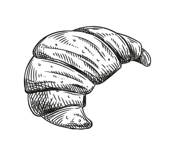 Fırın ürünleri skeci. Ev yapımı hamur işi. Geleneksel kruvasan. Sosyal ağlar için etiket. Fırın ve sokak kahvesi çeşitleri. Beyaz arkaplanda karalama düz vektör çizimi izole