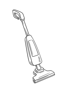 Temizlik aracı doğrusal. Ev için elektrikli süpürge. Temizlik ve hijyen. Ev işleri ve rutin işler. Minimalist yaratıcılık ve sanat. Beyaz arkaplanda izole edilmiş düz vektör çizimi