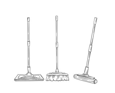 Temizlik aracı doğrusal. Ev için tozdan süpürge seti. Temizlik ve hijyen. Ev işleri ve rutin işler. Poster ya da afiş. Beyaz arkaplanda izole edilmiş düz vektör çizimi