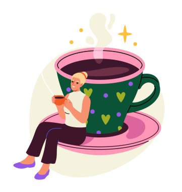 Kahve insanı konsepti. Bardağı sıcak içkinin yanında olan kadın. Kahve ya da rehavet için tatlı ve lezzet. Cappuccino ve Americano. Çizgi film düz vektör çizimi beyaz arkaplanda izole edildi