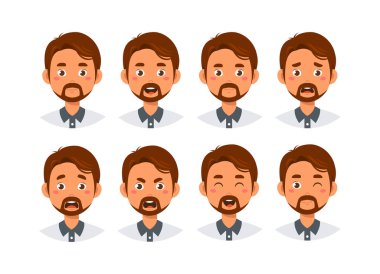 Baba müteahhit seti. Duyguları olan bir sürü yüz. Sıradan giysili adamlar. Sosyal ağlar ve kuryeler için çıkartmalar. Çizgi film düz vektör koleksiyonu beyaz arkaplanda izole edildi