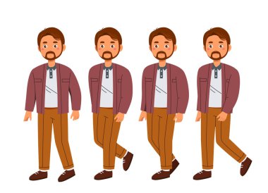 Baba müteahhit seti. Günlük kıyafet giymiş bir sürü adam. Sıradan giysili adamlar. Pembe ceketli ve kahverengi pantolonlu babam. Çizgi film düz vektör koleksiyonu beyaz arkaplanda izole edildi