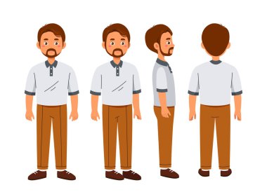 Baba müteahhit seti. Günlük kıyafet giymiş bir sürü adam. Sıradan giysili adamlar. Babam beyaz tişörtlü ve kahverengi pantolonlu. Çizgi film düz vektör koleksiyonu beyaz arkaplanda izole edildi