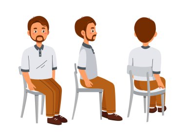 Baba müteahhit seti. Sandalyede günlük kıyafetler giymiş bir sürü genç adam. Günlük giysiler içinde sakallı adamlar. Şablon ve düzen. Çizgi film düz vektör koleksiyonu beyaz arkaplanda izole edildi