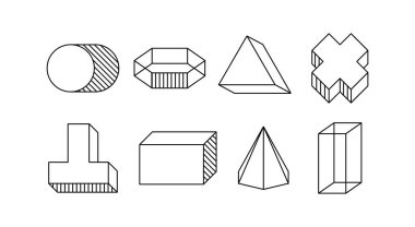 Geometrik çizgi elemanları ayarlandı. Volumetrik çapraz ve üçgen. UI ve UX tasarımı. Minimalist yaratıcılık ve sanat. Broşür ve broşür. Beyaz arkaplanda izole edilmiş düz vektör koleksiyonu