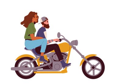 Motosikletçi kavramı. Bisikletli iki motorcu. Seyahat ve turizm. Aşk ve romantizm. Aktif yaşam tarzı ve boş zaman. Çizgi film düz vektör çizimi beyaz arkaplanda izole edildi