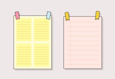 Notlar sayfa dizisi. Not defteri ve bok temizleme listesi. Planlama ve programlama. Okul ve ofis için kırtasiye malzemesi. Şablon ve düzen. Pembe arkaplanda izole edilmiş ana hat vektör koleksiyonu