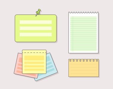 Notlar sayfa dizisi. Not defteri ve bok temizleme listesi. Planlama ve programlama. Okul ve ofis için kırtasiye malzemesi. Hatırlatma ve hatırlatma paketleri. Pembe arkaplanda izole edilmiş ana hat vektör koleksiyonu