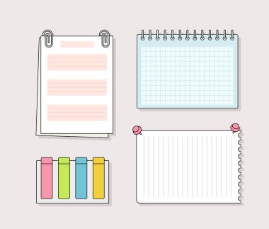 Notlar sayfa dizisi. Not defteri ve bok temizleme listesi. Planlama ve programlama. Web sitesi için grafik ögesi. Hatırlatma ve hatırlatma paketleri. Pembe arkaplanda izole edilmiş ana hat vektör koleksiyonu