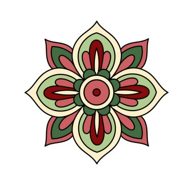 Paisley yaprağı doğrusal. Şablon ve süs. Estetik ve zarafet. Kırmızı ve yeşil çiçek. Geleneksel süs. Poster ya da afiş. Beyaz arkaplanda izole edilmiş düz vektör çizimi