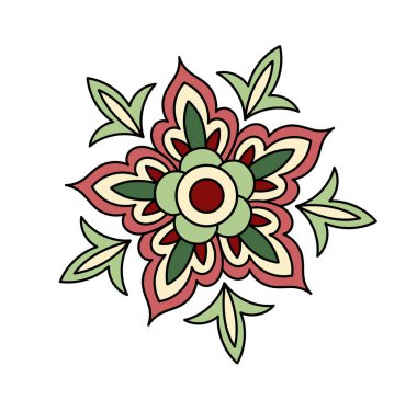 Paisley yaprağı doğrusal. Şablon ve süs. Estetik ve zarafet. Kırmızı ve yeşil çiçek. Geleneksel süs. Şablon ve düzen. Beyaz arkaplanda izole edilmiş düz vektör çizimi