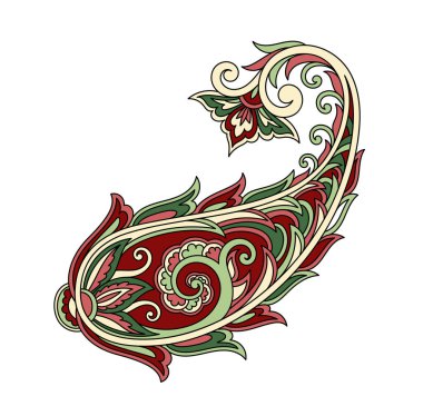 Paisley yaprağı doğrusal. Şablon ve süs. Estetik ve zarafet. Kırmızı ve yeşil çiçek. Geleneksel süs. Sosyal medya etiketi. Beyaz arkaplanda izole edilmiş düz vektör çizimi