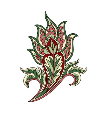 Paisley yaprağı doğrusal. Şablon ve düzen. Estetik ve zarafet. Kırmızı ve yeşil çiçek. Geleneksel süs. Eski tarz yaratıcılık. Beyaz arkaplanda izole edilmiş düz vektör çizimi