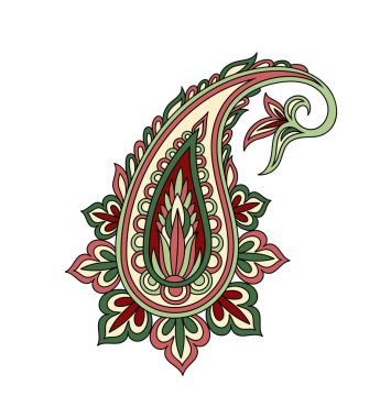 Paisley yaprağı doğrusal. Sosyal medya etiketi. Estetik ve zarafet. Kırmızı ve yeşil çiçek. Geleneksel süs. Eski tarz yaratıcılık. Beyaz arkaplanda izole edilmiş düz vektör çizimi