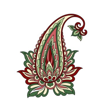 Paisley yaprağı doğrusal. Web sitesi için grafik ögesi. Güzellik ve zarafet. Kırmızı ve yeşil çiçek. Geleneksel süs. Eski tarz yaratıcılık. Beyaz arkaplanda izole edilmiş düz vektör çizimi