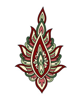 Paisley yaprağı doğrusal. Broşür ve broşür. Güzellik ve zarafet. Kırmızı ve yeşil çiçek. Geleneksel süs. Eski tarz yaratıcılık. Beyaz arkaplanda izole edilmiş düz vektör çizimi