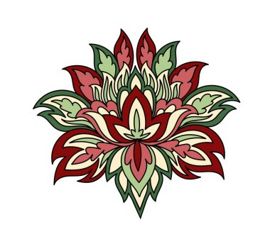 Paisley yaprağı doğrusal. El yapımı nesne. Güzellik ve zarafet. Kırmızı ve yeşil çiçek. Geleneksel süs. Eski tarz yaratıcılık. Beyaz arkaplanda izole edilmiş düz vektör çizimi