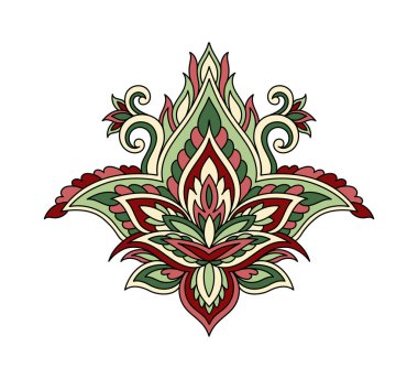Paisley yaprağı doğrusal. El yapımı nesne. Güzellik ve zarafet. Kırmızı ve yeşil çiçek. Sosyal medya etiketi. Eski tarz yaratıcılık. Beyaz arkaplanda izole edilmiş düz vektör çizimi