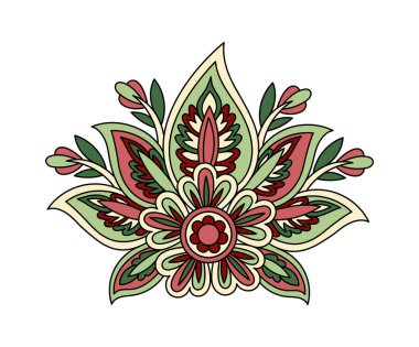 Paisley yaprağı doğrusal. El yapımı nesne. Güzellik ve zarafet. Kırmızı ve yeşil çiçek. Şablon ve düzen. Eski tarz yaratıcılık. Beyaz arkaplanda izole edilmiş düz vektör çizimi