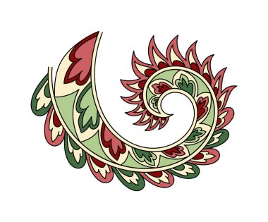 Paisley yaprağı doğrusal. El yapımı nesne. Güzellik ve zarafet. Kırmızı ve yeşil çiçek. Şablon ve süs. Eski tarz yaratıcılık. Beyaz arkaplanda izole edilmiş düz vektör çizimi