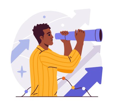 İş adamı sahne konsepti. Teleskoplu bir adam geleceğe bakar. Finansal hava durumu ve iş planlaması. Web sitesi için grafik ögesi. Çizgi film düz vektör çizimi beyaz arkaplanda izole edildi