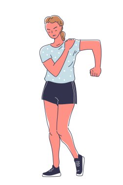 Acı karalama kavramını hisset. Genç kız omuz ağrısı çekiyor. Sağlık ve tedavi, ilaç. Sosyal medya etiketi. Beyaz arkaplanda izole edilmiş düz vektör çizimi