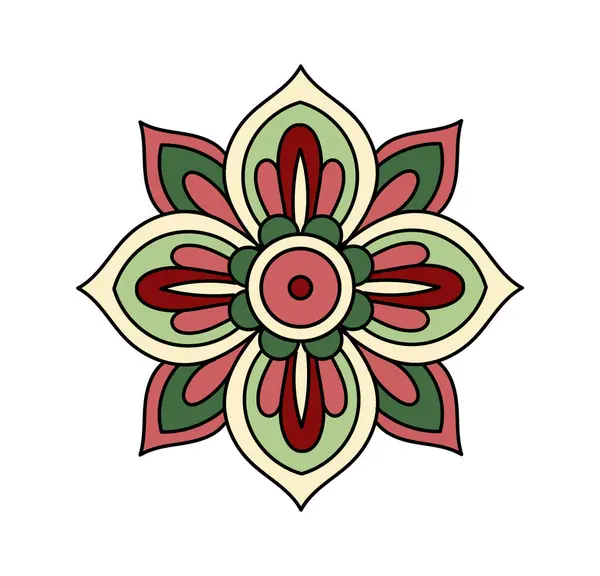 Paisley yaprağı doğrusal. Şablon ve süs. Estetik ve zarafet. Kırmızı ve yeşil çiçek. Geleneksel süs. Poster ya da afiş. Beyaz arkaplanda izole edilmiş düz vektör çizimi