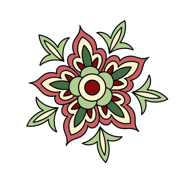 Paisley yaprağı doğrusal. Şablon ve süs. Estetik ve zarafet. Kırmızı ve yeşil çiçek. Geleneksel süs. Şablon ve düzen. Beyaz arkaplanda izole edilmiş düz vektör çizimi